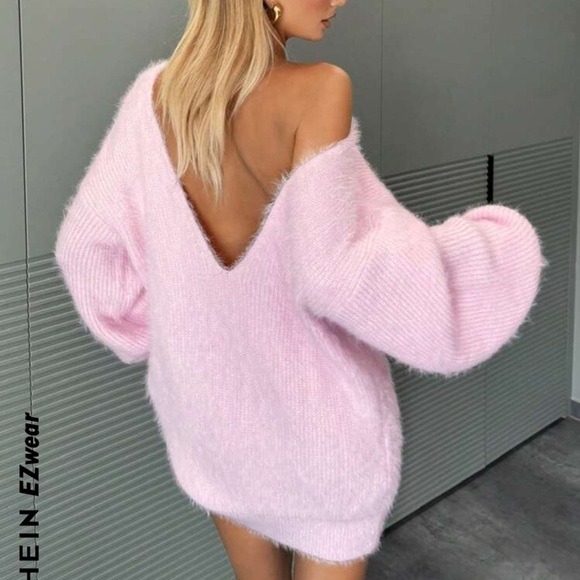 SHEIN Sweaters - SHEIN Pink Oversized Off-the-Shoulder Sweater